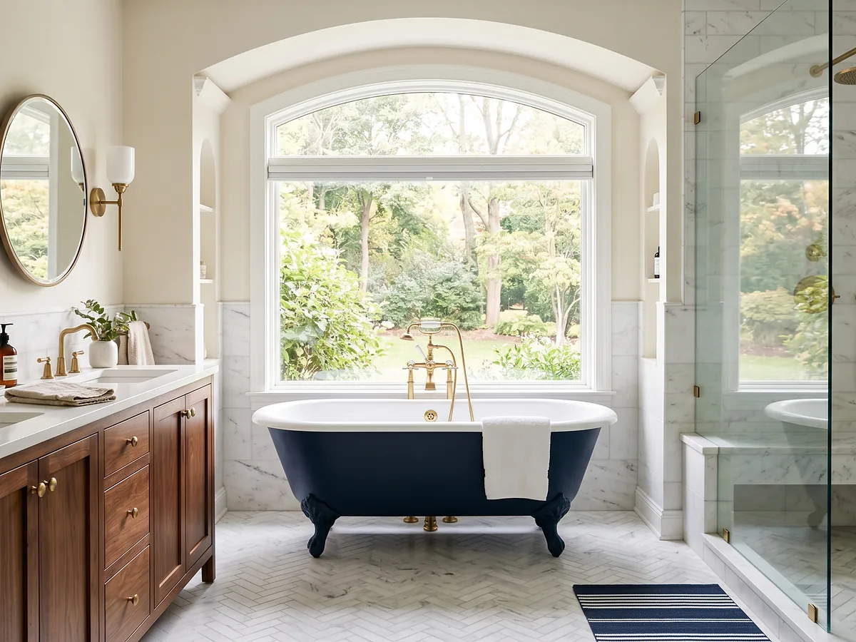 Remodeled primary bathroom with freestanding tub, glass shower and wood vanity