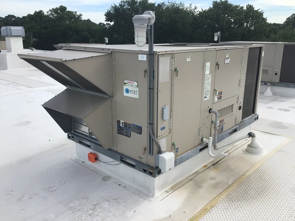 Commercial rooftop HVAC unit installed on a flat roof