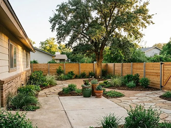 Backyard concrete patio and walkway behind a Texas home
