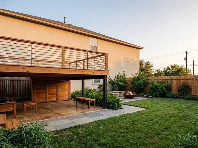 Elevated wood deck with railings built onto the back of a Texas home