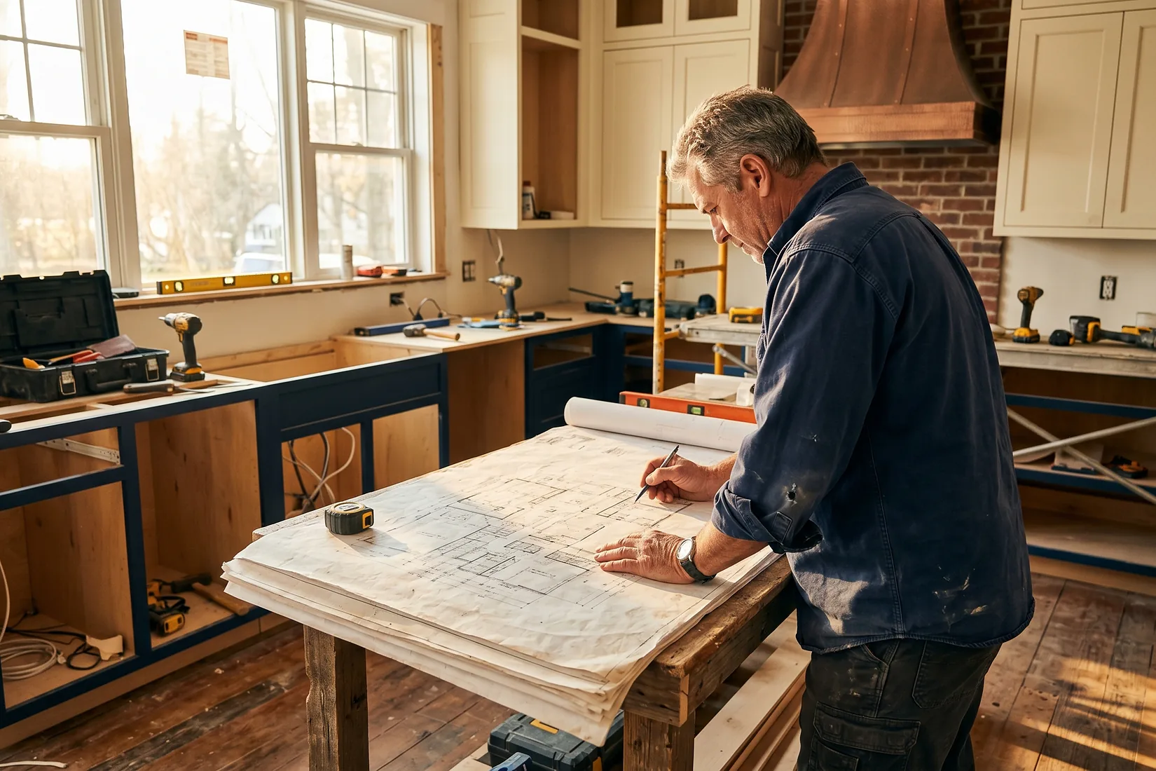 General contractor reviewing plans during a kitchen renovation in a Houston-area home