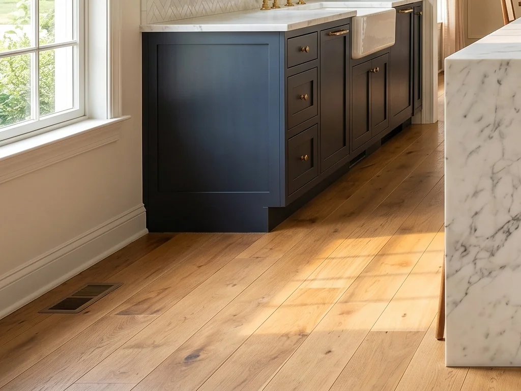 Sunlit wide-plank oak hardwood floor in a remodeled kitchen