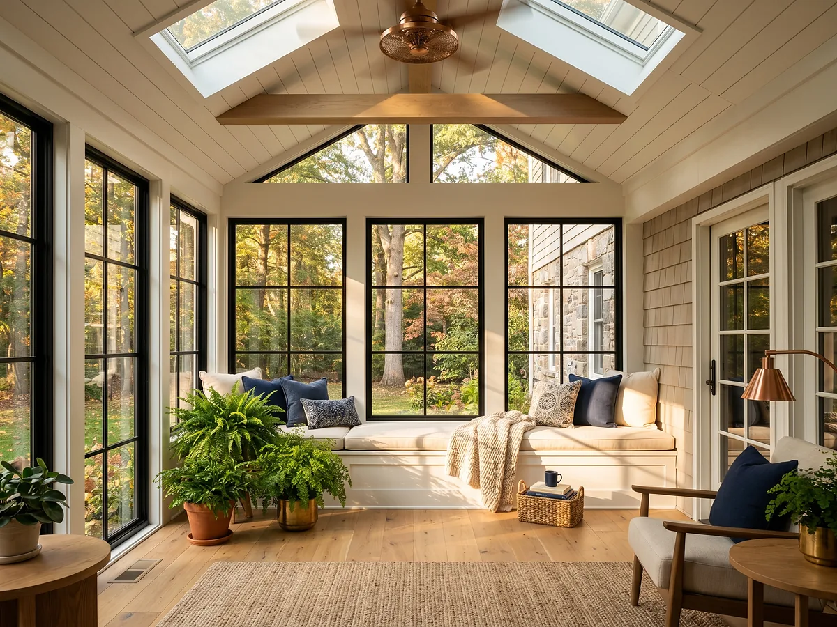 Sunroom home addition with vaulted ceiling, skylights and black-framed windows
