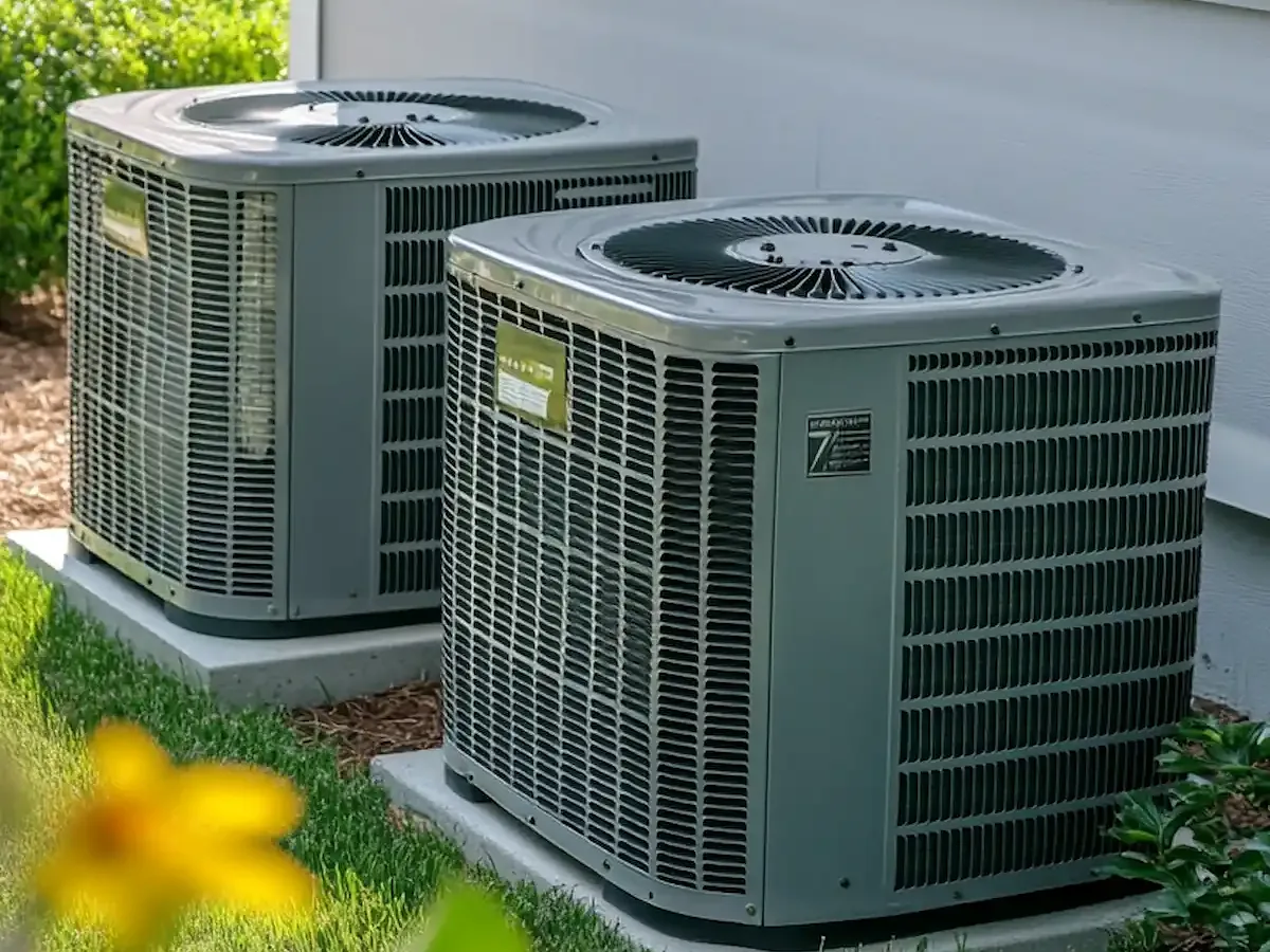 New residential air conditioning condensers installed beside a home