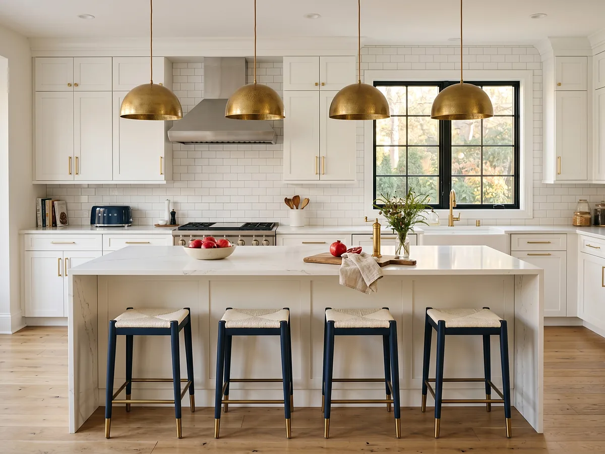 Remodeled white kitchen with marble island and brass pendant lights