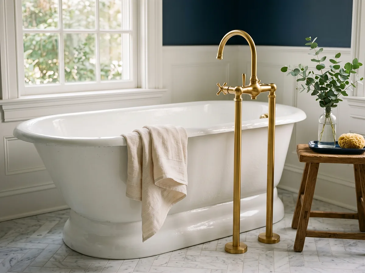 Newly installed freestanding tub filler and brass plumbing fixtures