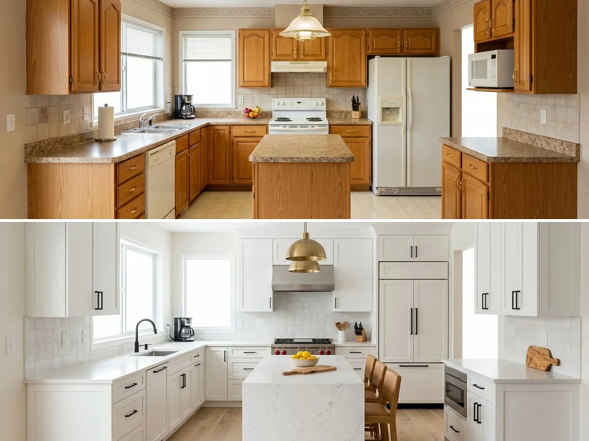Before and after of a dated oak kitchen remodeled with white shaker cabinets and a marble island